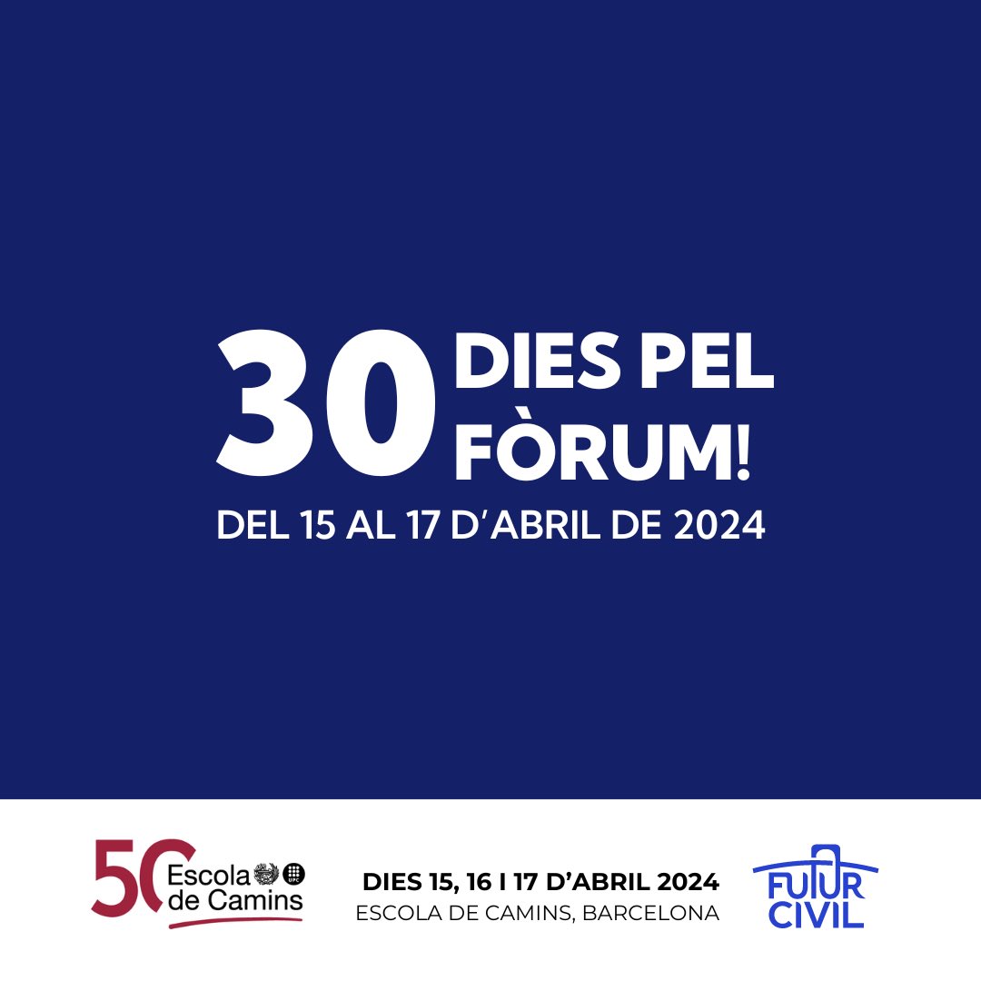 🔵 El Fòrum Futur Civil està cada vegada més a prop. Només queden 30 dies!

‼️ Recordeu que les inscripcions tanquen aviat. Teniu temps fins demà, Dilluns dia 18, a les 23:59 per omplir el formulari.

🗓️ Us esperem a tots els dies 15, 16 i 17 d’abril al Campus Nord!