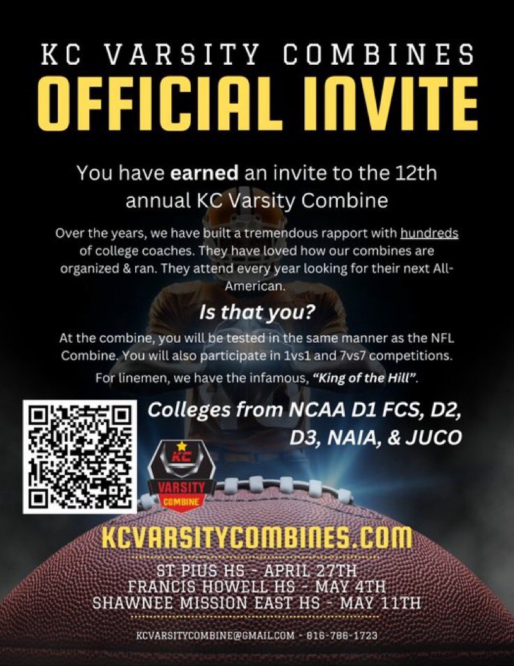 Excited and blessed to receive an invitation to showcase my skills at @Varsitycombine1 ‼️‼️ @JPRockMO @WOWKCfootball @PrepRedzoneMO