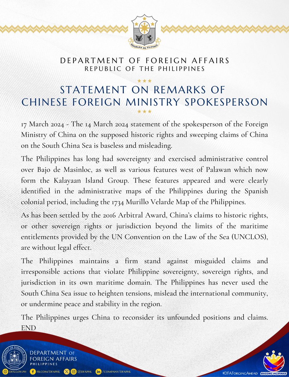 READ: DFA Statement on the Remarks of Chinese Foreign Ministry Spokesperson For full story, click the link: tinyurl.com/24ppzefs #DFAForgingAhead