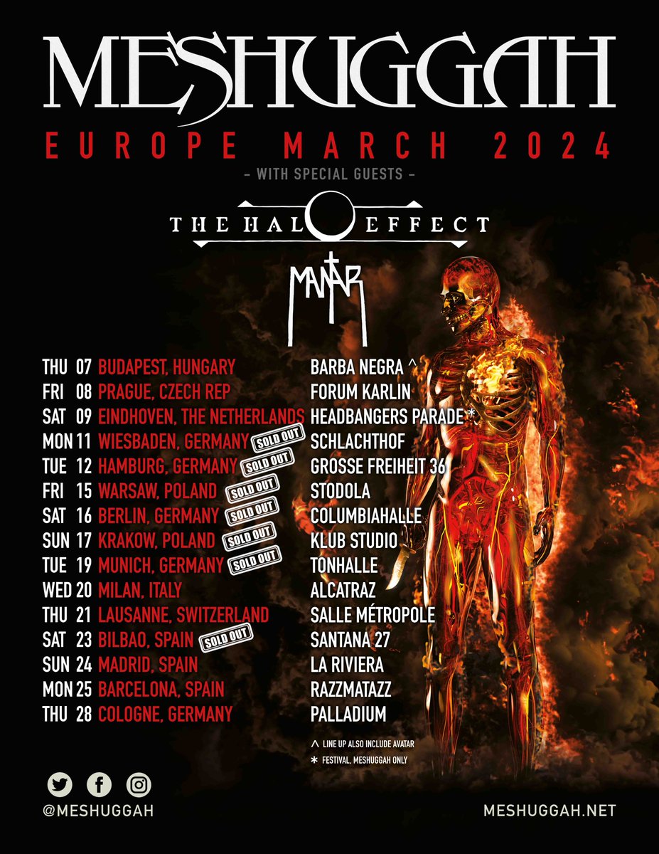 The shows in Krakow and Bilbao are now sold out 🙏 Don't wait to get your tickets for the remaining concerts at: meshuggah.net/tour🤘 #meshuggah #tour #europe @thehaloeffectse @MantarBand