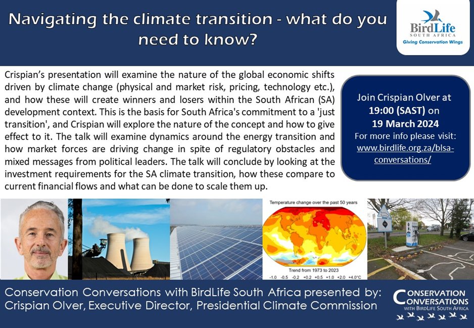 This BirdLife South Africa Conservation Conversations webinar is not to be missed. Dr Olver is an authority on climate change. @CrispianOlver @UNFCCC @environmentza @BirdLife_SA @BirdLife_News @martinBirdLife @WWFSouthAfrica