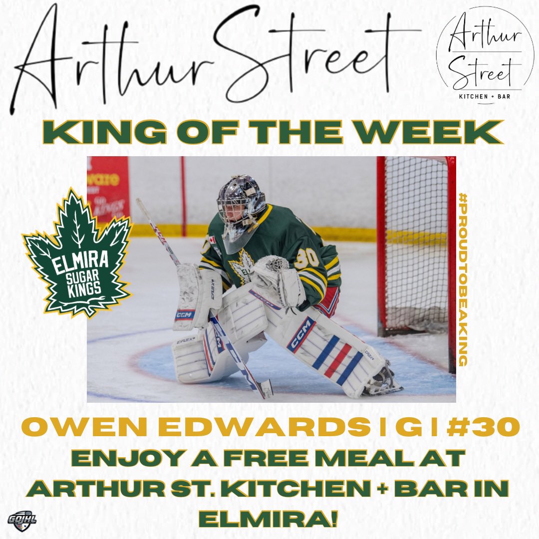 SugarKings's tweet photo. This weeks Arthur Street Kitchen + Bar King of the Week is goaltender Owen Edwards!
#elmirasugarkings #proudtobeaking #kingoftheweek https://t.co/z6lT8oSpOc