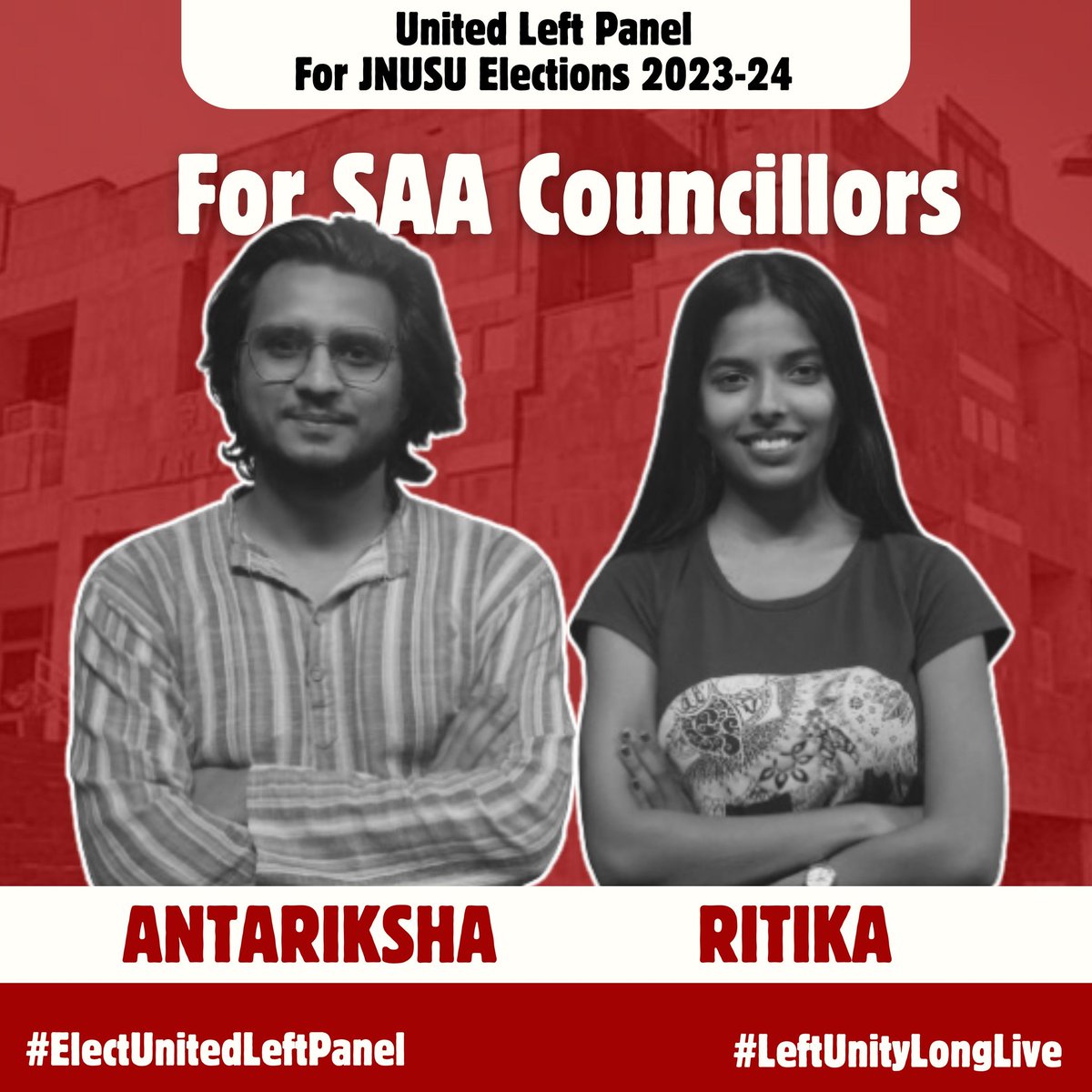aisajnu's tweet photo. United Left Panel For SAA Councillors
Antariksha (PhD Scholar)
Ritika (MA)
Elect the United Left Panel
#LeftUnity #LongLive #SAA #JNU #JNUSU #AISA #AISAJNU #FIGHTBACKJNU #STANDWITHJNU https://t.co/EAfI5klX4C