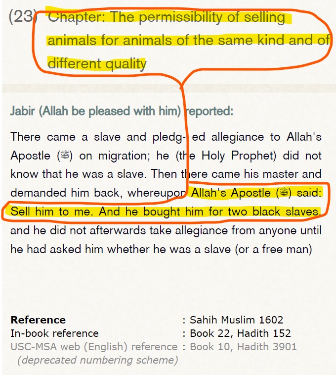 Ofer_binshtok's tweet photo. As I will show here with proof from the Quran, Muhammad's Sunnah, video, and pictures:
"Slavery and rape—treating female prisoners of war as sex slaves—are two of the highest moral values in Islam."

By: Ofer Binshtok.

The moral values ​​of the Islamic culture are determined, mainly according to the moral values ​​of Muhammad in which Allah considers to be the exalted character​​in in Quran 68.4. Muhammad is considered for the believers to be an excellent role model according to the Quran 33.21.

Quran 33.21
"Indeed in the Messenger of Allâh(Muhammadصلى الله عليه وسلم) you have a good example to follow for him who hopes for (the Meeting with) Allâh and the Last Day, and remembers Allâh much."

Quran 33.50
"O Prophet) Muhammad) !Verily, We have made lawful to you your wives, to whom you have paid their Mahr (bridal-money given by the husband to his wife at the time of marriage), and those (slaves) whom your right hand possesses - whom Allâh has given to you, and the daughters of your ‘Amm (paternal uncles) and the daughters of your ‘Ammât (paternal aunts) and the daughters of your Khâl (maternal uncles) and the daughters of your Khâlât( maternal aunts) who migrated (from Makkah) with you, and a believing woman if she offers herself to the Prophet, and the Prophet wishes to marry her - a privilege for you only, not for the (rest of) the believers. Indeed We know what We have enjoined upon them about their wives and those (slaves) whom their right hands possess, in order that there should be no difficulty on you. And Allâh is Ever Oft-Forgiving, Most Merciful."

Commentaries for 33.50 - Ibn Al Kathir:
(those (slaves) whom your right hand possesses whom Allah has given to you,) means, `the slave-girls whom you took from the war booty are also permitted to you.

Sahih Muslim 1602:
"...Allah's Apostle said: Sell him to me. And he bought him for two black slaves..." 

Sunan an-Nasa'i 3959 – Sahih:
It was narrated from Anas, that the Messenger of Allah had a female slave with whom he had intercourse, but 'Aishah and Hafsah would not leave him alone until he said that she was forbidden for him. Then Allah, the Mighty and Sublime, revealed:
"O Prophet! Why do you forbid (for yourself) that which Allah has allowed to you.' until the end of the Verse.

Muhammad was slave owner. Muhammad had slaves and he traded them, and he had female as sex slaves, and he allowed the rape of female prisoners of war. For example: Sahih Bukhari 6909, 6202, 5210, 4913, 2695, 2415. Sunan Abi Dawud, 3358, Sahih. The History of al-Tabari vol. 39 p. 193.

Sahih al-Bukhari 5210:
Narrated Abu Sa`id Al-Khudri:
We got female captives in the war booty and we used to do coitus interruptus with them. So we asked Allah's Messenger(ﷺ) about it and he said, "Do you really do that?" repeating the question thrice, "There is no soul that is destined to exist but will come into existence, till the Day of Resurrection."

Quran 2.223:
"Your wives are as fields for you. You may enter your fields from any place you want. Reserve something good for your souls. Have fear of God and know that you are going to meet Him. (Muhammad) give the glad news to the believers."

"Slavery and rape—treating female prisoners of war as sex slaves—are two of the highest moral values in Islam."
