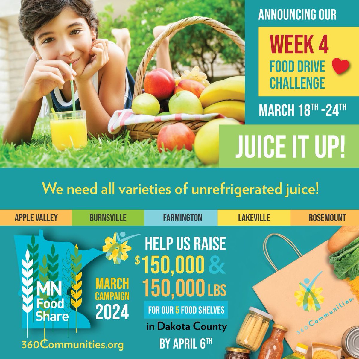 NOW is the best time of year to impact hunger in Minnesota! 🍎 Donate to 360 Communities during the <a href="/MNFoodShare/">Minnesota FoodShare</a> March Campaign, MN's largest food and fund drive of the year. Join in the fun with our weekly challenges! buff.ly/4a0py8c 

#HelpInTheMoment #HopeForTheFuture