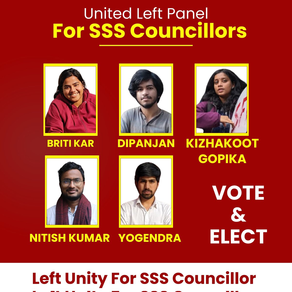 aisajnu's tweet photo. United Left Panel For SSS Councillors
Briti Kar (PhD Scholar)
Dipanjan (MA)
Kizhakoot Gopika (MA)
Nitish Kumar (PhD, Scholar)
Yogendra (MA)
Elect the United Left Panel
#LeftUnity #LongLive #SAA #JNU #JNUSU #AISA #AISAJNU #FIGHTBACKJNU #STANDWITHJNU https://t.co/cacDA0SV3U