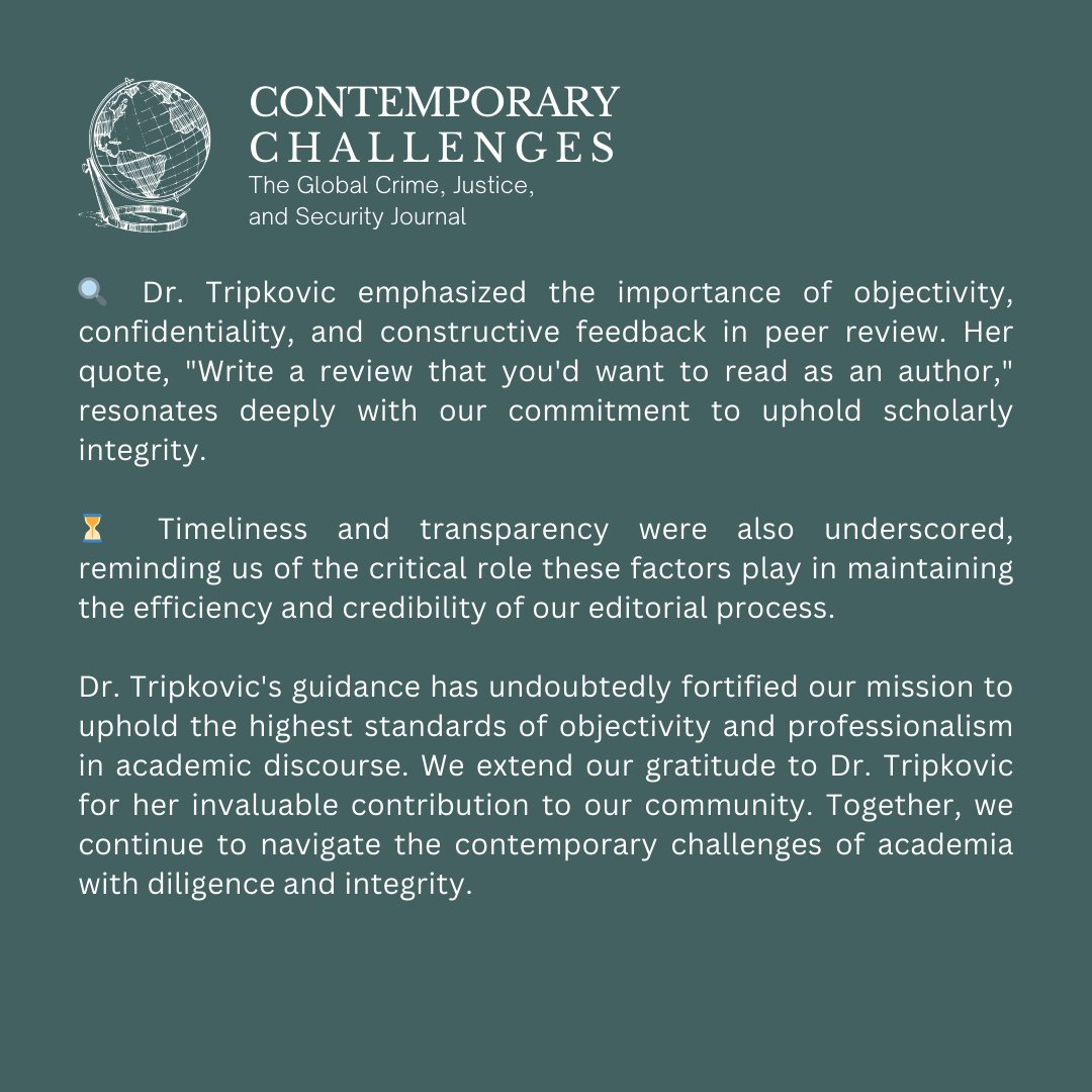 CCJGlobal's tweet photo. 📚 Thrilled to share insights by @TripkovicMilena, our esteemed Academic Sponsor and Lecturer in Criminology at Edinburgh Law School, University of Edinburgh. Recently, Dr. Tripkovic led a training session for our reviewers and editors at Contemporary Challenges Journal. https://t.co/JZunqfyg3T