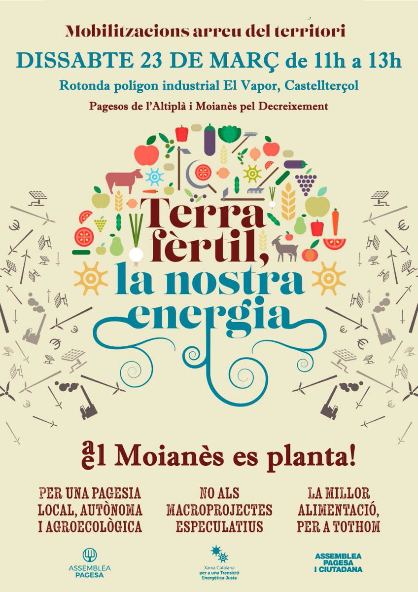 MoianesDecreix's tweet photo. CRIDA:  TERRA FÈRTIL, LA NOSTRA ENERGIA 

✳️ Per una pagesia local, autònoma i agroecològica.
✳️ No als macroprojectes especulatius.
✳️ La millor alimentació, per a tothom.
🧵👇 https://t.co/9xz6zVGMvL