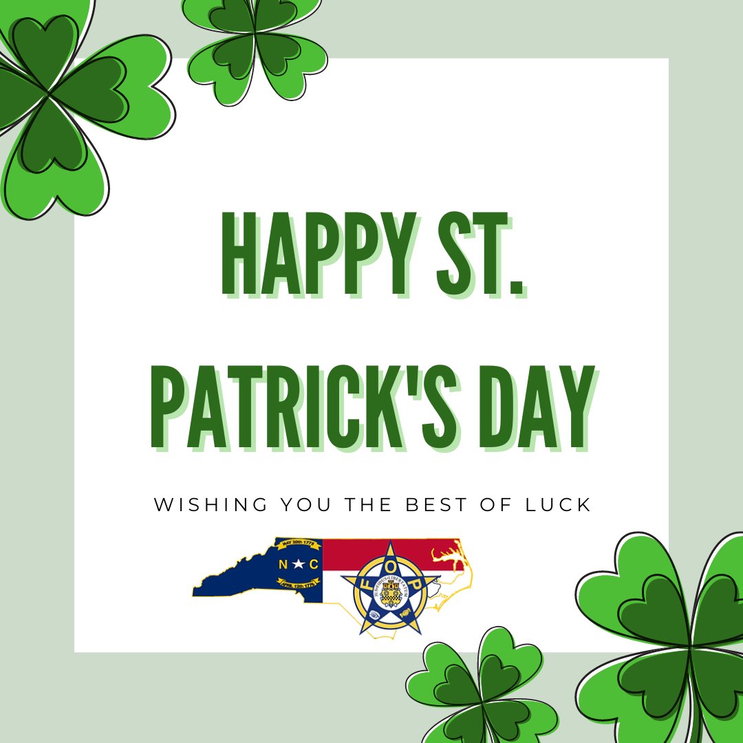 NCFOP1's tweet image. The North Carolina Fraternal Order of Police would like to wish everyone a Happy St. Patrick's Day.  If you are out celebrating today, please remember to do so in a safe and responsible manner!!  🍀🍀
#StPatrickDay #StPaddysDay