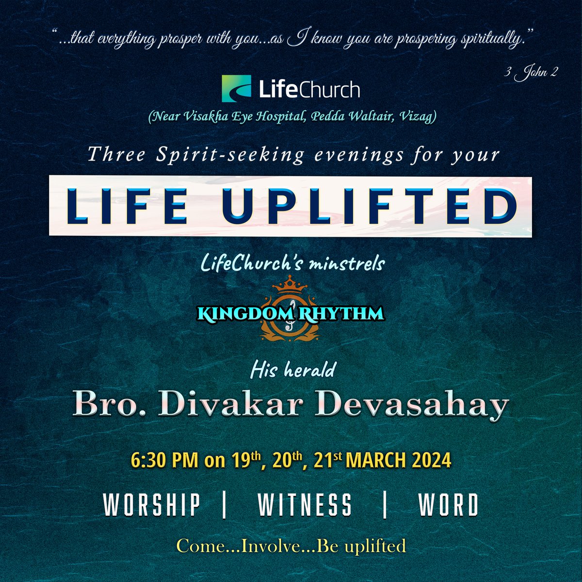 LifeChurchIndia's tweet photo. If you are in Vizag, make your way to our LIFE UPLIFTED annual meetings on March 19th, 20th and 21st to WORSHIP and hear the WORD!
.
.
.
#lifeuplifted #kingdomrhythm #meetings #worship #witness #word #praise #thanksgiving #lifechurchindia #lifechurchvizag #vizag https://t.co/l02mD7g60k