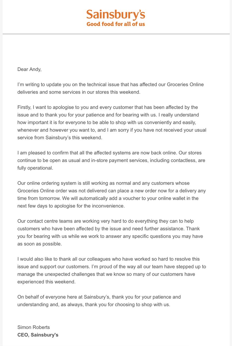 How sad am I. 

Sunday and I'm praising <a href="/sainsburys/">Sainsbury's</a> PR team for a fantastic #crisiscomms update email from their CEO.

Doesn't blame a third party ☑️
Details a "sorry" voucher ☑️
Gives assurance all fixed ☑️
Thanks staff for their resilience ☑️

Great comms by Sainsbury's team.
