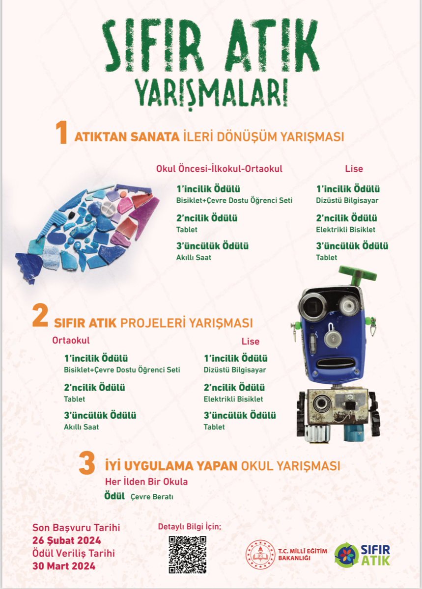 Sayın <a href="/EmineErdogan/">Emine Erdoğan</a> hanımefendi himayelerinde yürütülen Sıfır Atık yarışmasına destek veren eser gönderen tüm illerimize teşekkür ediyorum.
Biz büyük bir aileyiz <a href="/tcmeb/">Millî Eğitim Bakanlığı</a> 
#MEB30MartSıfırAtıkYarışması
<a href="/Yusuf__Tekin/">Yusuf Tekin</a> <a href="/meb_dhgm/">Destek Hizmetleri Genel Müdürlüğü</a> <a href="/omurfatih/">Ömür Fatih Karakullukçu</a> <a href="/ozkan_meb/">Özkan AVCI</a>