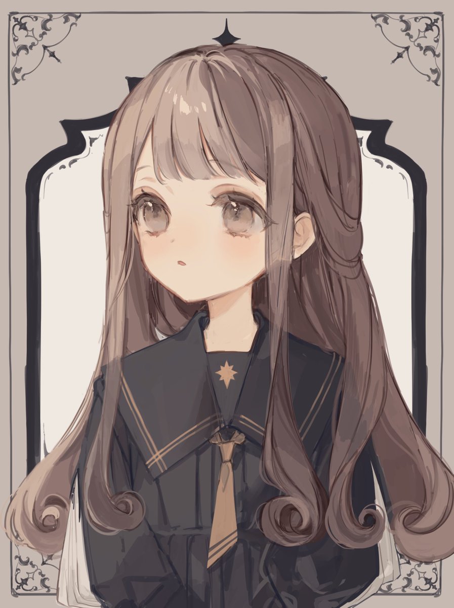 1girl solo long hair blush shirt brown hair long sleeves  illustration images