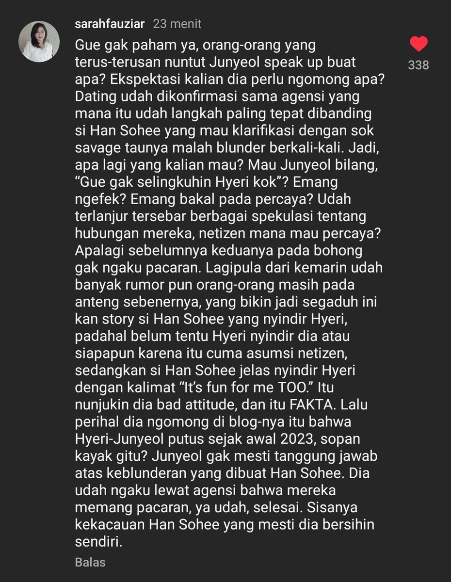 Dari semua kekacauan hyeri sohee junyeol opini ini doang yang gua setuju,junyeol sbnrnya ga perlu klarifikasi apa" lagi, hyeri bikin igs belum tentu buat sohee, sohee terlalu kepancing disini banyak klarifikasi+ngomongin sesuatu yang bukan di ranah nya.