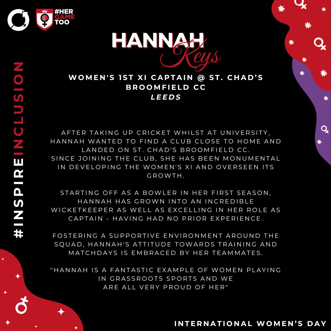 HGTCricket's tweet photo. 1⃣3⃣ : Hannah Keys
 
Since joining St Chad's, Hannah has been a huge part in the development of the Women's section at the club. Taking on both the gloves and captaincy, she has thrived in her new roles.
 
Thank you, Hannah 👏
 
#InternationalWomensDay 💜 | #HerGameToo 🏏 https://t.co/3VGJCuT8TX