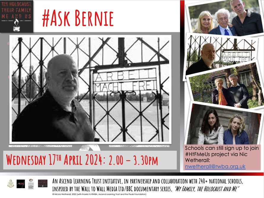 RWBAHolocaust's tweet photo. Following #BerniesJourney as part of #HtFMeUs project?
Join us Wed 17th April, 2pm to #AskBernie your student Qs, gain new insights & enrich your project.
Submit Qs & check Zoom details via Basecamp.
RT @AscendLT @LawnManorHums @Charlotte_DLane https://t.co/JuPDeQl151