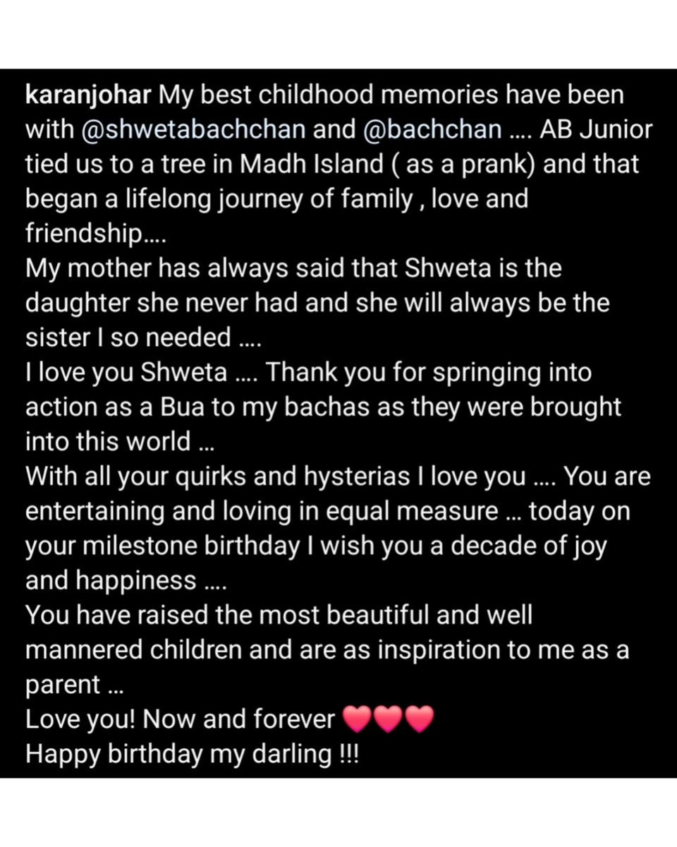 On #ShwetaBachchan's birthday, #KaranJohar pens a sweet note on life and childhood memories.🎂🩷