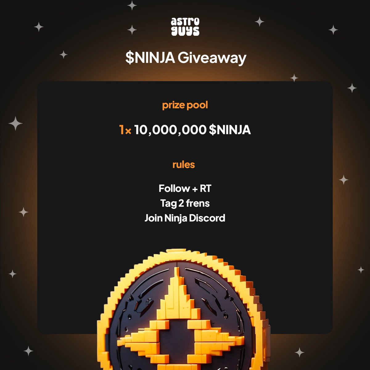 AstroGuysDAO's tweet photo. Astro Guys x @Sei_Ninja 🤝

$NINJA Airdrop will be allocated for delisted Astro Guys!

(Astro + Sei Ninja holders will have 2.5x multiplier)

✌️✌️✌️

10M $NINJA GIVEAWAY IN THIS TWEET

- RT &amp; Follow @Sei_Ninja, @astroguys_sei
- Join: https://t.co/hs9DyNbwmV
- Tag 2 frens https://t.co/1cGi6aWoqz