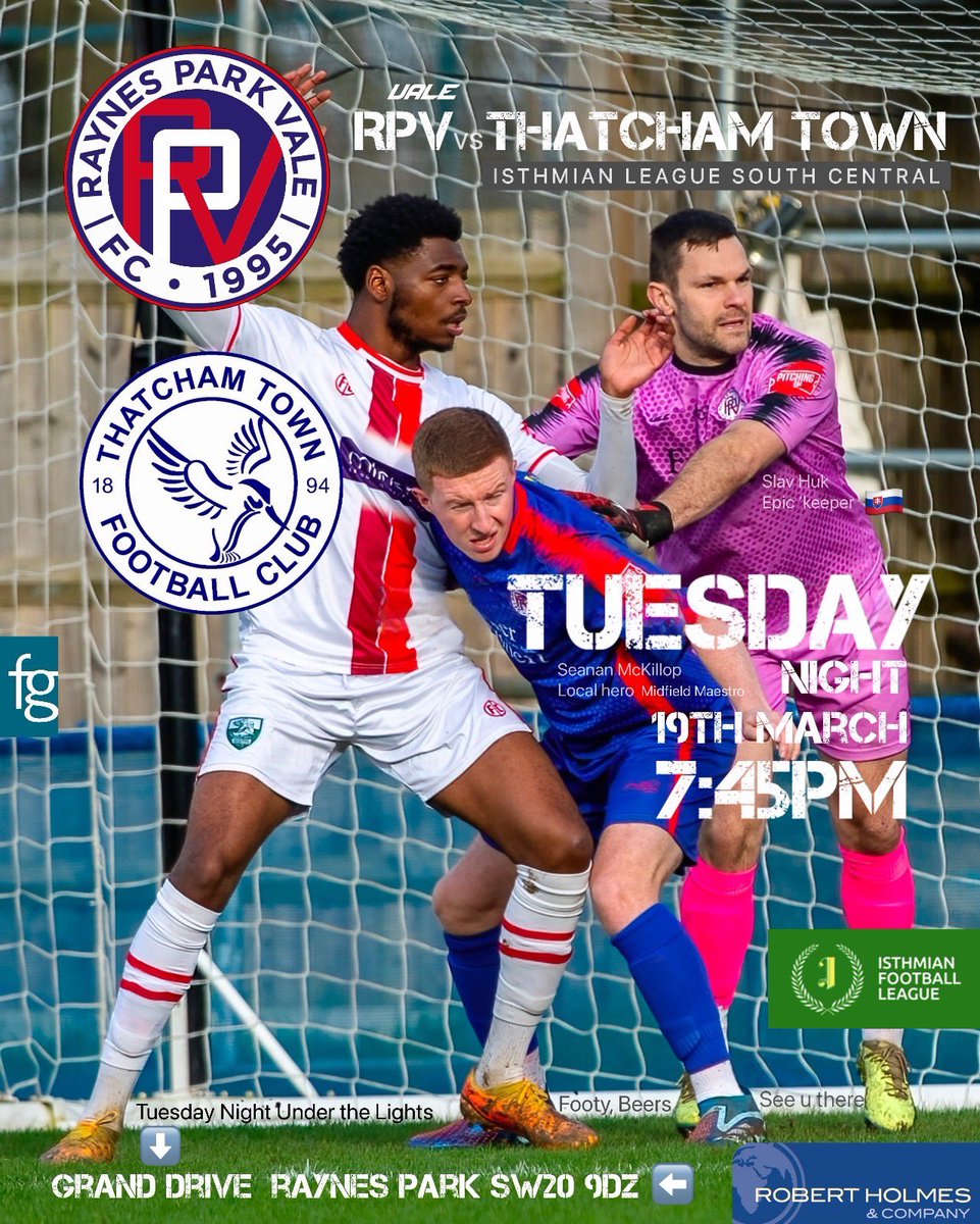 🔴🔵 Up Next This Tuesday night under the lights it’s the Vale vs Thatcham Town. @IsthmianLeague South Central ⚽️ 7:45PM ko 🏟️ Grand Drive, SW20 9DZ 🎟️ £10, Conces £6 🎟️ Under16s £3, U12s £0 🦮 £0 Great🍔 epic🍺ales £ or 💳 @ApostlesSW20 @LDN_SW20 @RivRadSport