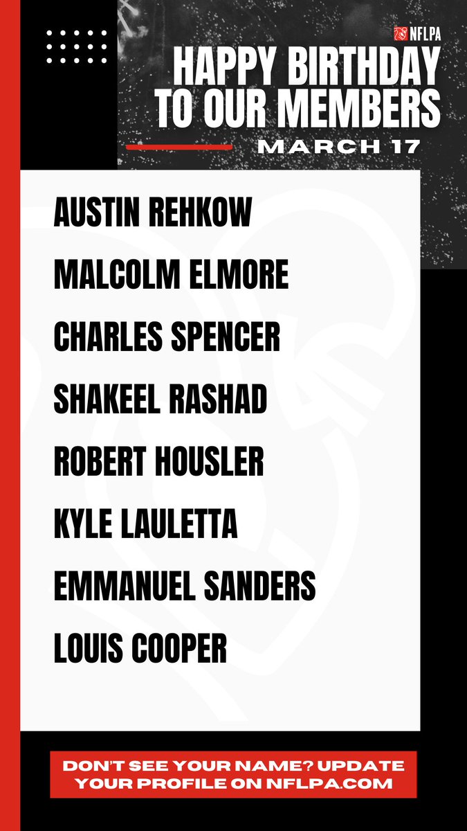 Happy birthday to our members <a href="/rehkow5/">Austin Rehkow</a> <a href="/malcolmelmore20/">Malcolm Elmore</a> <a href="/CSpencer77/">Charles Spencer Jr</a> <a href="/Shak_InABox/">Shakeel Rashad</a> <a href="/Robert_Housler/">Robert Housler</a> <a href="/kylelauletta/">Kyle Lauletta</a> <a href="/esanders_10/">Emmanuel Sanders</a> - We wish you all the best on your day!