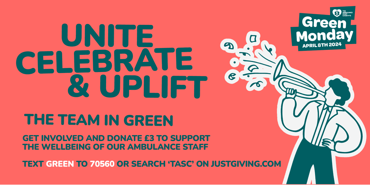 Scottish Ambulance (@scotambservice) on Twitter photo Get ready for <a href="/TASCharity/">TASC The Ambulance Staff Charity</a> 1st #GreenMonday on 8 April.
Green Monday is TASC’s new annual event to shine a light on our vibrant #Ambulance family across the UK - it’s a day to unite, celebrate & uplift, & most importantly, raise some money!
Learn more: theasc.org.uk/news/get-ready Get ready for <a href="/TASCharity/">TASC The Ambulance Staff Charity</a> 1st #GreenMonday on 8 April.
Green Monday is TASC’s new annual event to shine a light on our vibrant #Ambulance family across the UK - it’s a day to unite, celebrate & uplift, & most importantly, raise some money!
Learn more: theasc.org.uk/news/get-ready