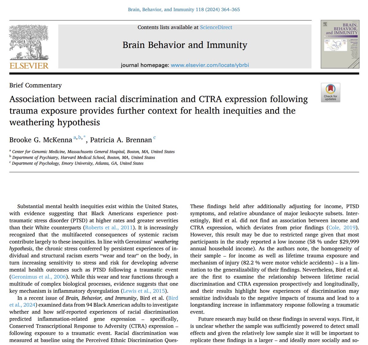 Check out our commentary on a recent @BrainBehavImm paper demonstrating how racial discrimination exacerbates inflammatory dysregulation following a traumatic event. Link to the commentary and original article below. sciencedirect.com/science/articl… sciencedirect.com/science/articl…