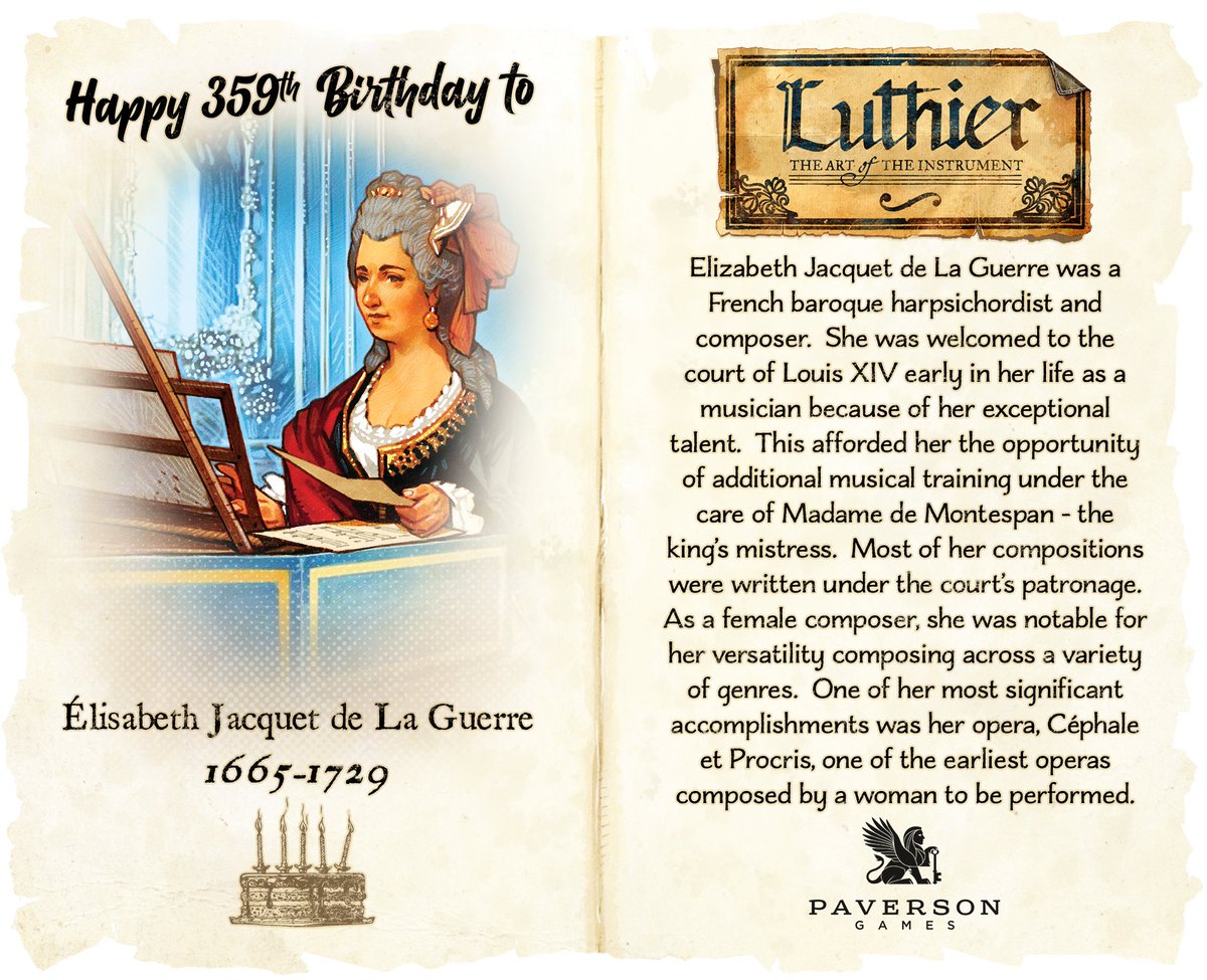 #HappyBirthday to Elisabeth Jacquet de la Guerre!🎶🎂We're celebrating 40 historical figures in classical music for our #boardgame, #Luthier, coming to #Kickstarter in 2024!🎲🎻#jacquetdelaguerre #orchestra #composer #baroque #classicalmusic #music #chambermusic #symphony #opera