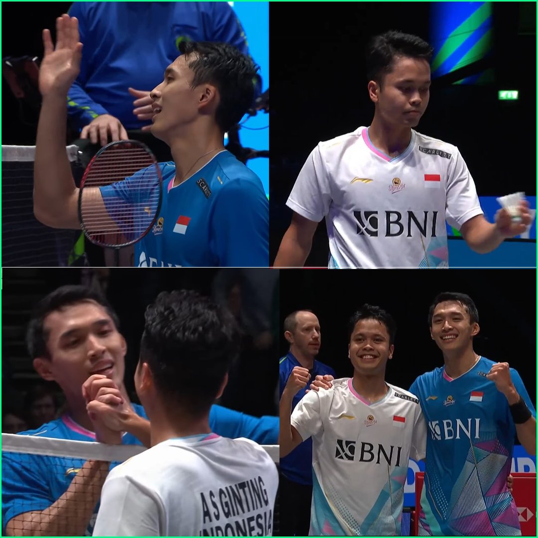 FaktaSepakbola's tweet photo. Selamat untuk Jonatan Christie jadi juara tunggal putra All England 2024! 🇮🇩🏆🏸 #AllEngland2024 

Di final bertajuk All Indonesian final, Jojo berhasil mengalahkan Anthony Sinisuka Ginting, lewat 2 set.

Game Pertama: Ginting 15-21 Jojo.
Game Kedua: Ginting 14-21 Jojo.

Congarts Jojo! Bangga dengan kalian berdua!