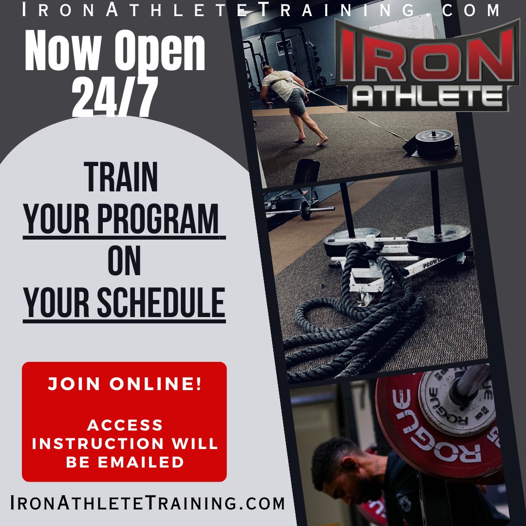 24/7 access is in full swing for our General Members.   All other scheduled group and private services remain the same full service, in person, highly customized experience.  www.ironathletetraining,com