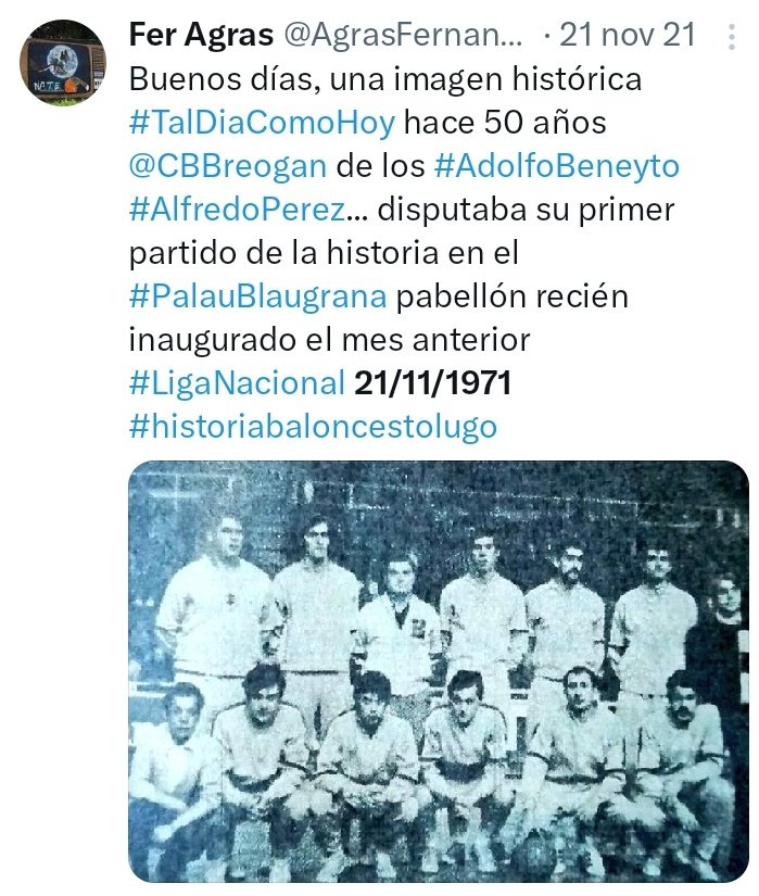 AgrasFernando's tweet photo. Tremendo #NORABOA Breoganistas, victoria nun recinto onde o equipo lucense disputaba o seu primero partido xa fai case 53 anos, un mes despóis da inaguración do pabellón barcelonista. Primeiro equipo masculino da #historiabaloncestogalego en xogar e vencer no Palau Blaugrana. https://t.co/wToEj2rgYH