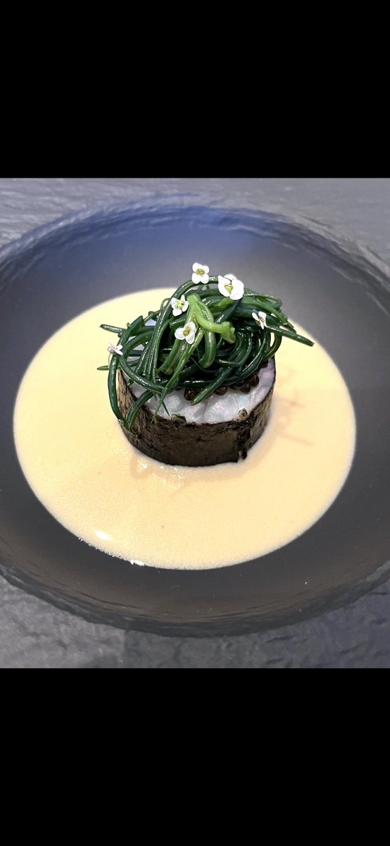 3/Lunch @Solstice_ncl Hand Dived ScallopCooked In Beef Fat, Mussel & Shio Koji Foam; 36 Month Aged Parmesan Mousse w Parmesan Foam, Truffle; Catch of the Day Brined then Steamed in Nori, Smoked Exmoor Caviar, Craster Kipper Creamed Sauce.