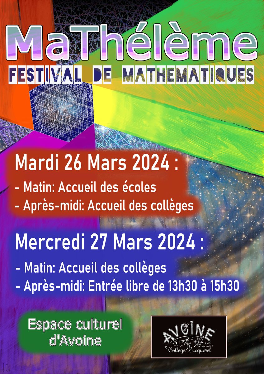 Les festival de maths que j'organise avec mes élèves est dans une semaine. Si vous êtes dans le coin, n'hésitez pas à nous rendre visite.