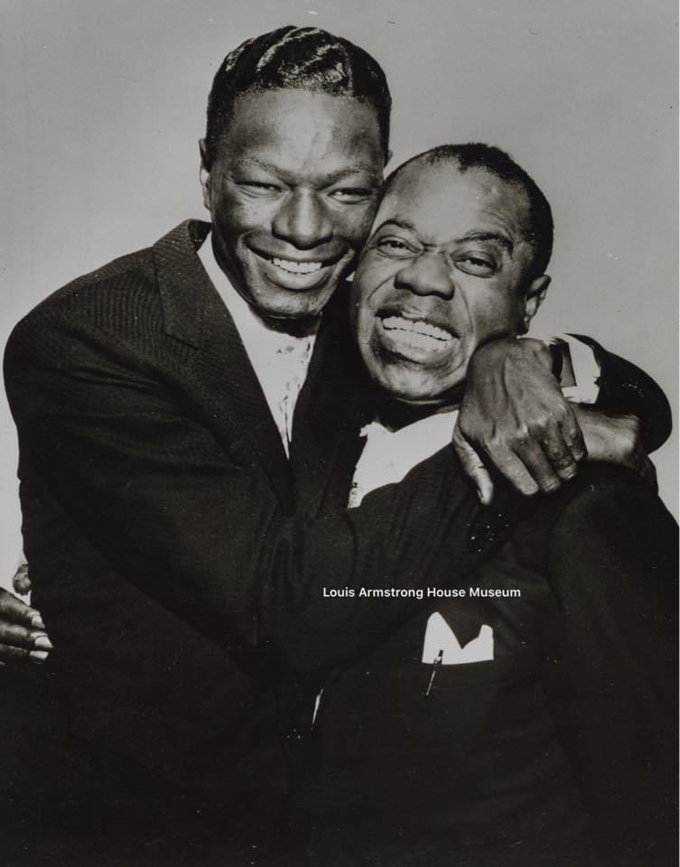 Happy birthday to Nat King Cole, shown here with Louis Armstrong in 1957 in a photo found in one of Louis’s scrapbooks. Legends!