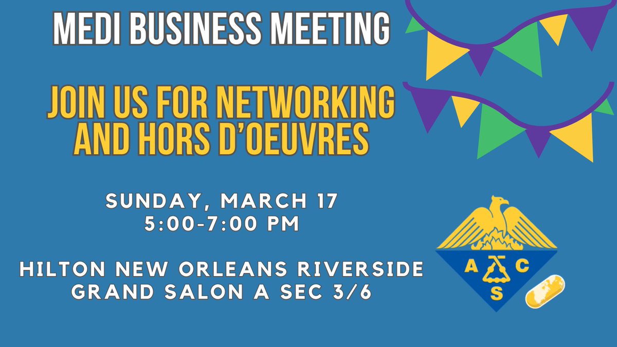 📢Calling all drug hunters & anyone interested in bettering human health! Join MEDI for a networking session tonight. There will be food, drink, and frivolity! We will also be presenting the MEDI predoctoral #travelgrant to Emma Kelley & Rui Shi #ACSSpring2024