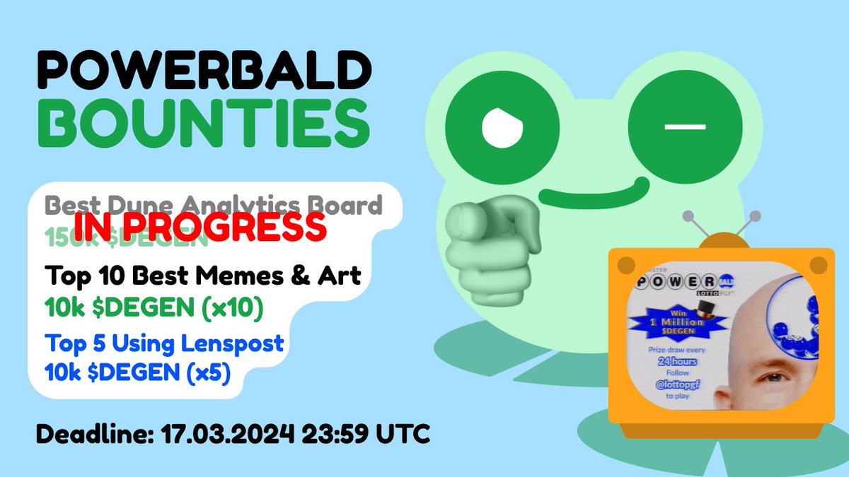 Less than 8 hours to submit your PowerBALD or LottoPGF Arts&amp;Memes!

There are a total of 15 prizes of 10k $DEGEN each!
- 10 sponsored and judged by LottoPGF 
- 5 sponsored by <a href="/Lenspostxyz/">Lens $FRENS</a>, eligible only if you use their app!  

Post and tag us for eligibility!