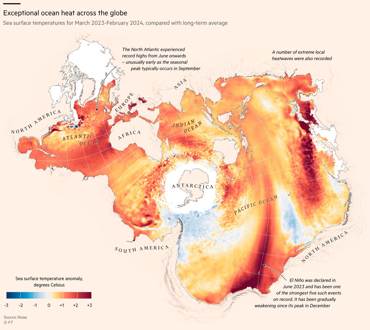 NEW: This week's climte graphic looks at the sea surface temperatures, which have set records for 365 consecutive days. Check out @janatausch's Spilhaus map, one of the most beautiful (if terrifying) maps I've seen Read @Emiliyadotcom's report ft.com/content/d1b74e… #dataviz