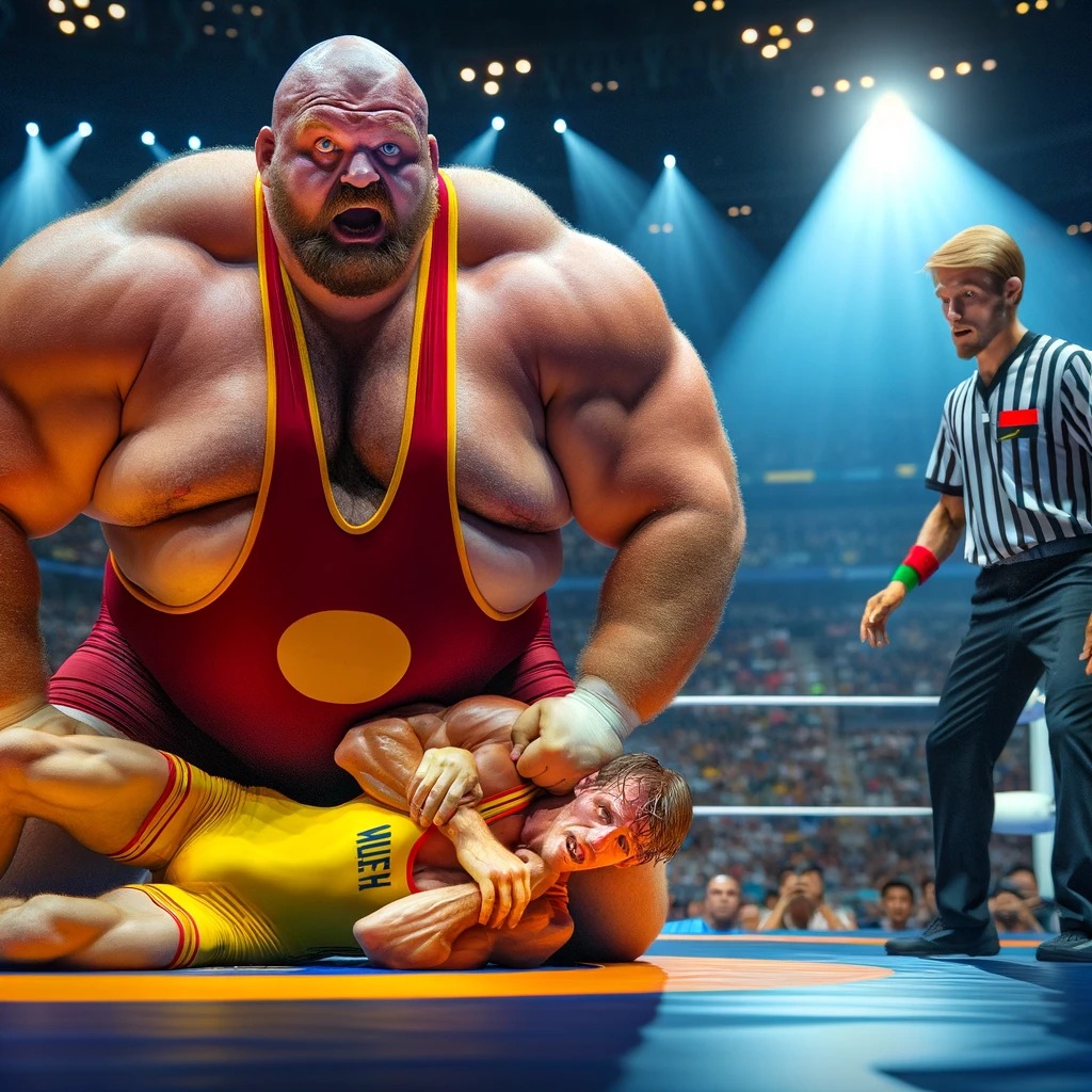 TheMaxSquash's tweet photo. The small wrestler had already gotten a first taste of the giant's immense power and mass when he was shoved to the ground like a straw man at the very start of the match. But that was just a light prelude.

Now, the colossal giant is throwing his entire weight onto the small one. The enormous brute compresses the small wrestler beneath him until a faint cry and a series of sinister-sounding cracks are heard as delicate bones snap.

The match is over. The giant has won, and the small wrestler is scraped off the mat with a spatula.