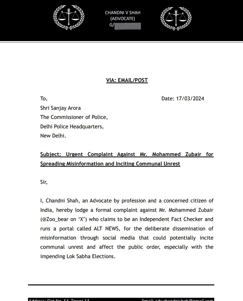 adv_chandnishah's tweet photo. Filed a complaint with @CPDelhi, @DelhiPolice against Md. Zubair @zoo_bear for attempt to incite communal unrest by deliberate dissemination of misinformation and incomplete facts.

At such times when the country is preparing for the Loksabha Elections and is already fighting with misinformation being spread on CAA, we cannot afford another misinformation that has the potential to create communal unrest in any part or whole of the country.

#ArrestZubair
