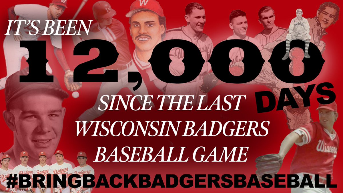 4BadgerBaseball's tweet photo. It's been 12,000 days since the last @UWBadgers baseball game.

Let the world know TODAY that it's time to bring back Wisconsin baseball!

4 followers who RT will get a 🦡autograph, including a 1-of-a-kind Ron Dayne ⚾️! Details 👇

#bringbackbadgersbaseball #onwisconsin #badgers https://t.co/tyQXgvh8mp