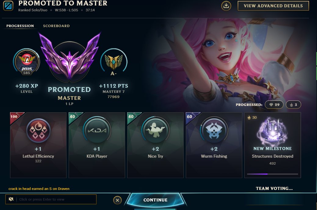 LESSS GOOOO . Promoted to master in euw. I'm very proud of me and hope I'll hit higher. Now gm pick. Shall I try?