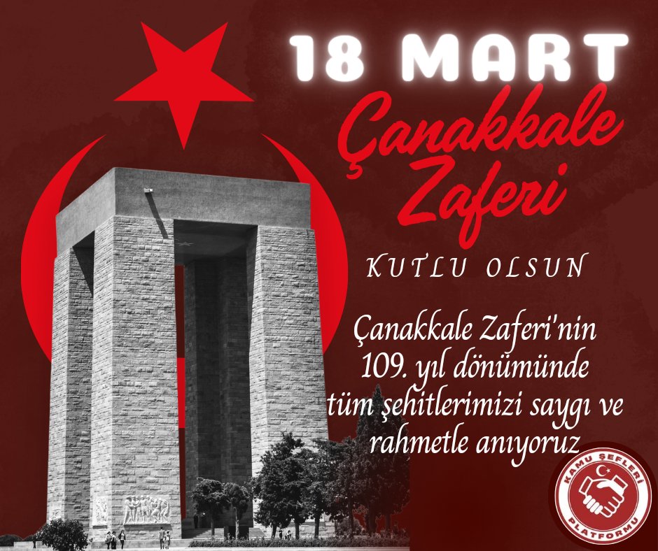 18 Mart Şehitleri Anma Günü ve Çanakkale Deniz Zaferi’mizin 109. yıl dönümü kutlu olsun. Bu toprakları bizler vatan yapan şehitlerimizi şükran ve rahmetle anıyoruz.🇹🇷 #KamuŞefleri Platformu #ÇanakkaleZaferi #18MartÇanakkaleZaferi @RTErdogan @tcsavunma @TSKGnkur