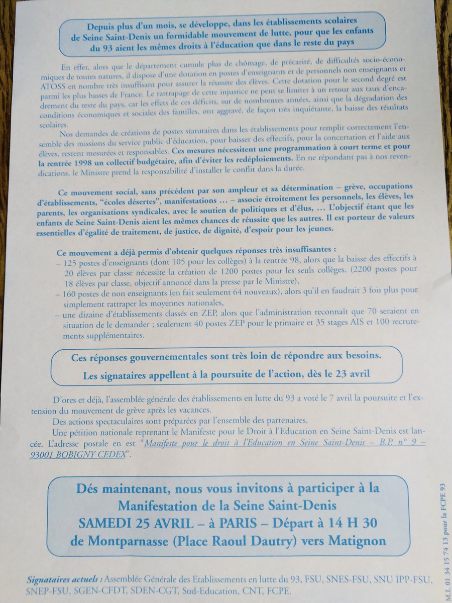Notre mobilisation marche dans les pas de nos collègues de 1998 qui, par la mobilisation, ont obtenu 3 000 postes. Voici l’un des tracts distribués alors⤵️
Comme pour 98, si l’on veut gagner ce #planDurgence93 c’est bien la grève reconductible qu’il va falloir élargir dès le 19💥