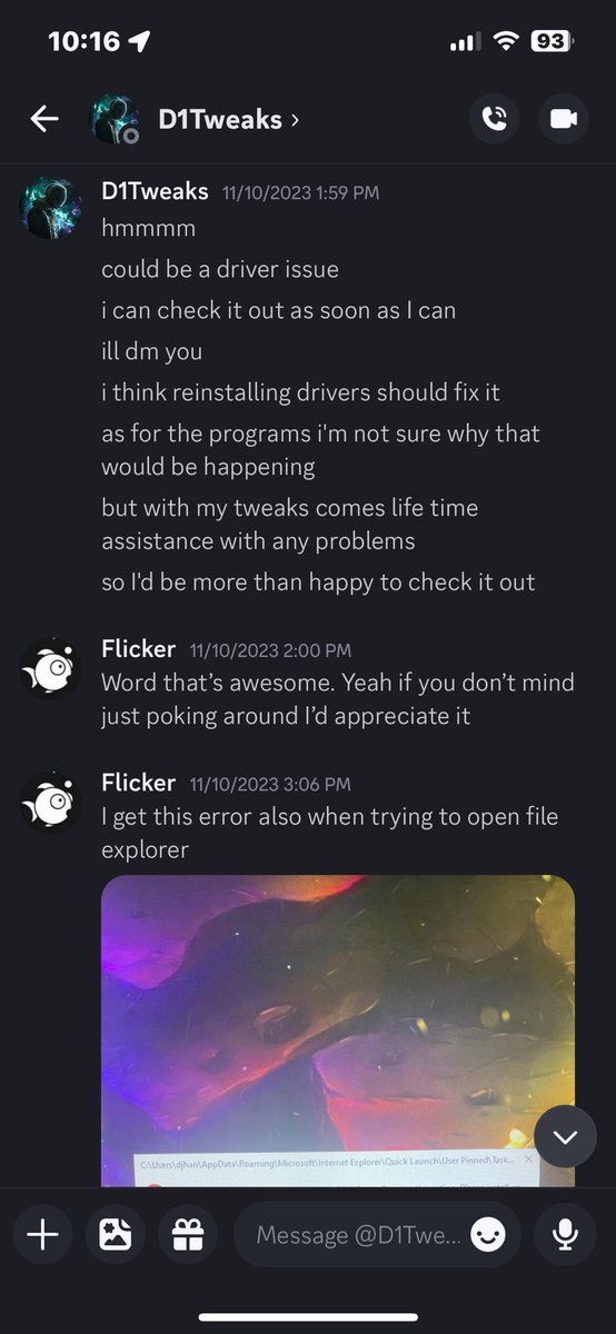 Flicker510's tweet photo. Had @d1lmao tweak my pc. Immediately started having issues I never encountered before such as blue screening w/ driver update, unable to access files, and uninstalling things on pc. I was guaranteed a lifetime assistance but honestly have not received any help since the start. https://t.co/PlGltqjnJp