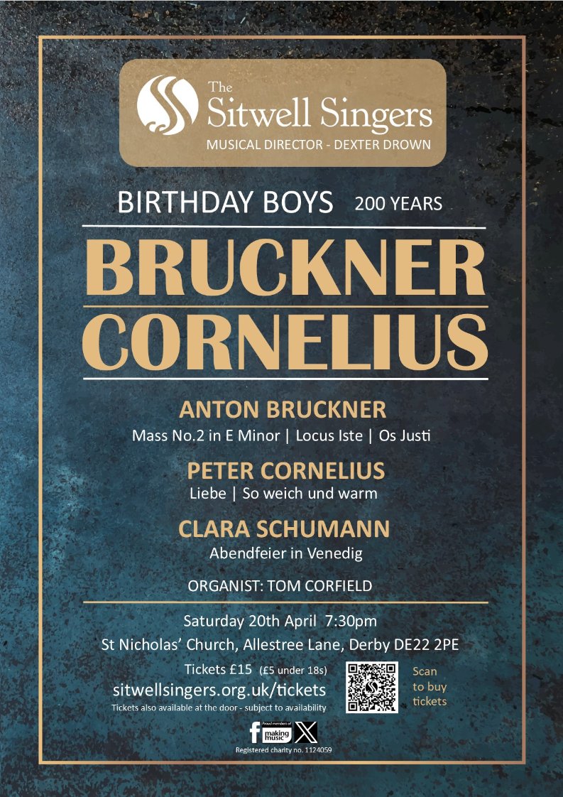 We are proudly taking part in #Bruckner200, celebrating 200 years of composer #AntonBruckner. We're also celebrating his contemporary #PeterCornelius & beautiful music by #ClaraSchumann in our next concert on 20th April.  Tickets available now at:  sitwellsingers.org.uk/birthday-boys/