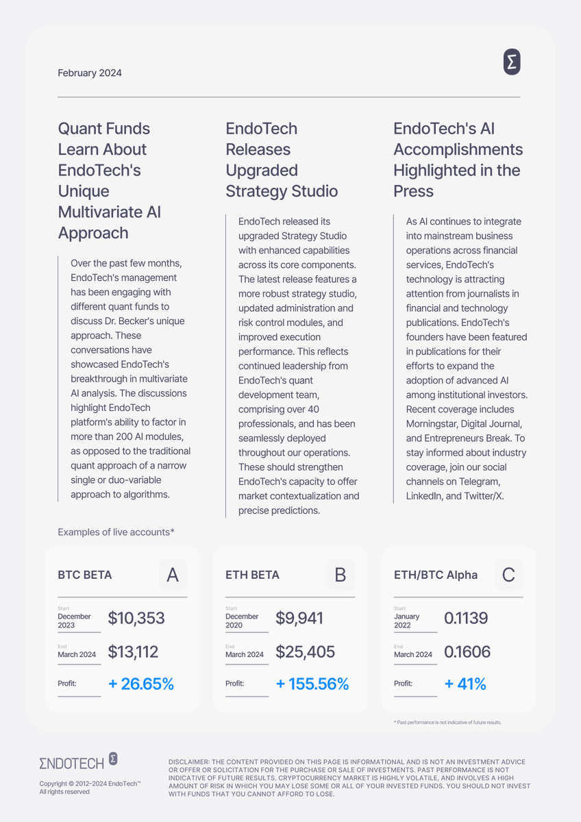 📷ΣNDOTECH PERFORMANCE REPORT FOR FEBRUARY 2024 endotech.io/performance-re… In February 2024 *Quant Funds Learn About EndoTech’s Unique Multivariate AI Approach *EndoTech Releases Upgraded Strategy Studio *EndoTech’s AI Accomplishments Highlighted in Press #tradingcrypto #Bitcoin