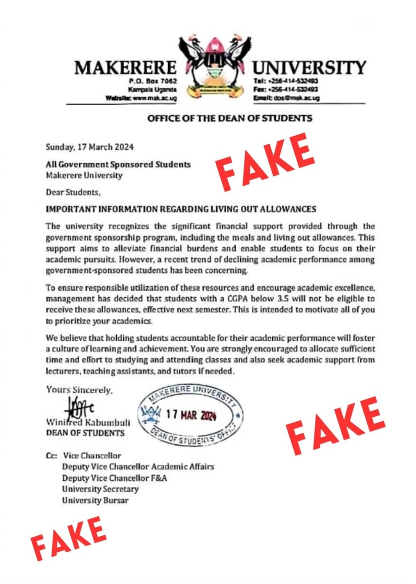 To <a href="/Makerere/">Makerere University</a> Student community. There is a fake communication about living out allowances. Disregard it wih the contempt it deserves. It is not from the <a href="/DOS_Makerere/">Dean of Students Makerere</a> Please share this widely and let others know.
