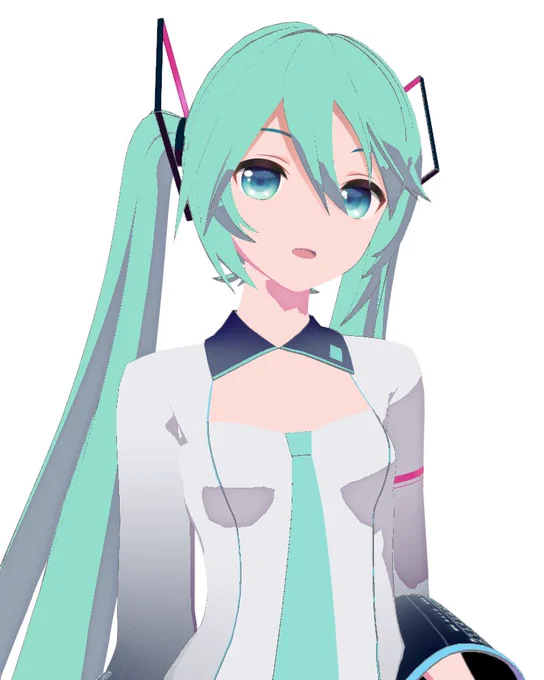 ミクさんmstc用にテクスチャ調整中。とりあえず瞳以外は単色化までやったから後は影とハイライト作らんといけないので道のりはまだ長い。それはそれとして既に可愛い。モデル:YYB様エフェクト:ましまし様 