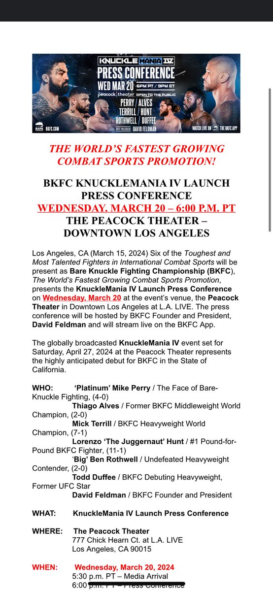 Press conference this Wednesday in Los Angeles open to the public to attend and media! 6 pm at the Peacock Theater in Los Angeles Email: Dcranston@bkfc.com