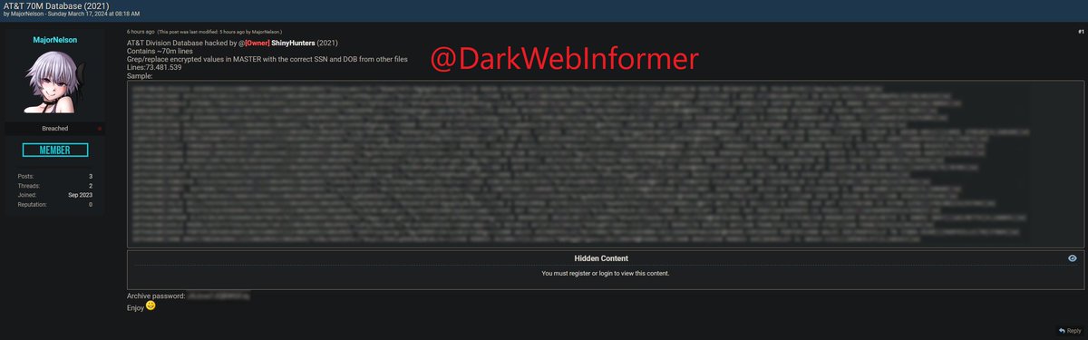 DarkWebInformer's tweet image. 🚨BREAKING🚨Allegedly, a threat actor has exposed data from AT&amp;amp;T @ATT. They claim the data shows SSN, DOB, Full Names, Phone, Addresses, Emails, and other info. The amount of records are 73,481,539. #ATT #Clearnet #DarkWebInformer #Cyberattack #Cybercrime #Infosec #CTI