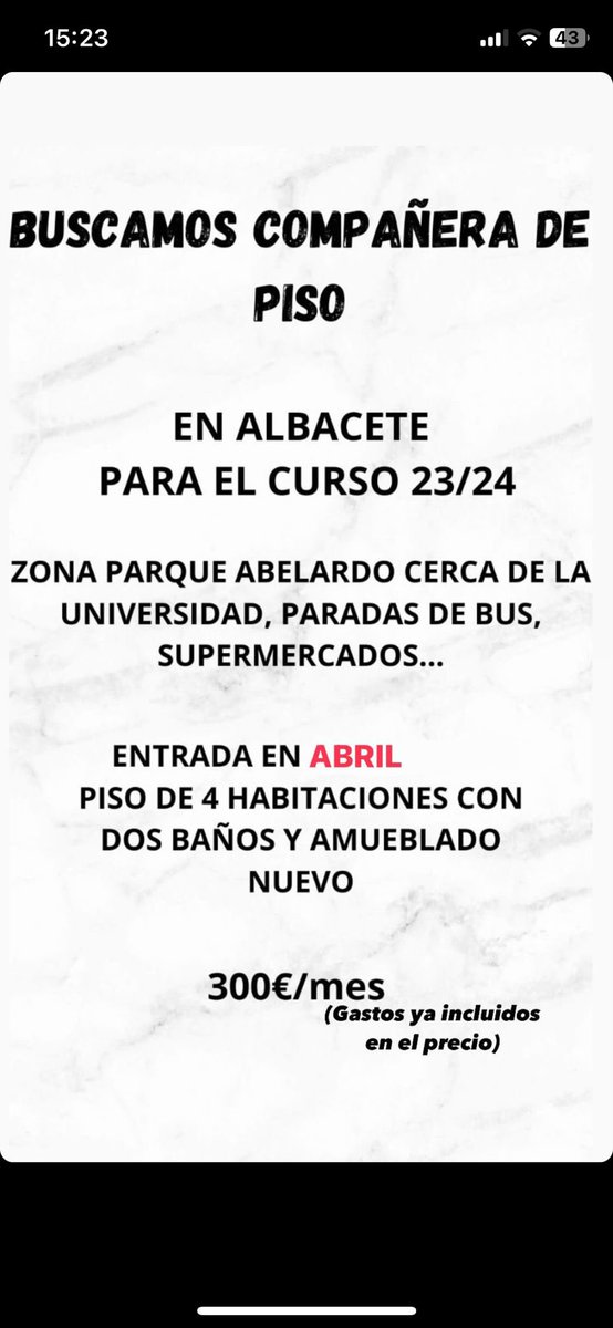 Saaraag5_'s tweet photo. Buscamos compañera de piso para entrar en abril para más info habladme sin problema 🤗 #pisosestudiantes #uclm #albacete #pisoalbacete #pisocompartido #csmclm https://t.co/Yw8XCyOUEb